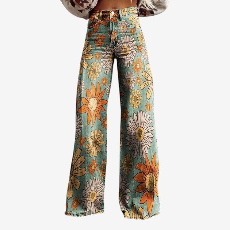 Women's Wide Leg Floral Denim Trousers