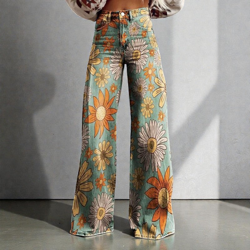 Women's Wide Leg Floral Denim Trousers