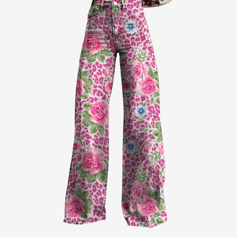 Women's Wide Leg Floral Denim Trousers