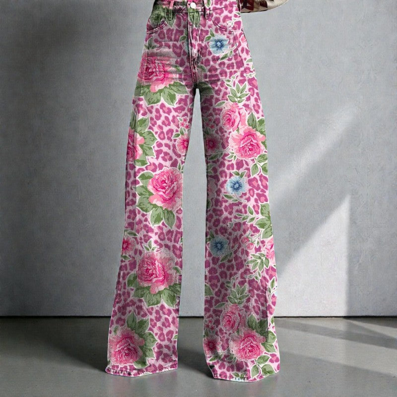 Women's Wide Leg Floral Denim Trousers