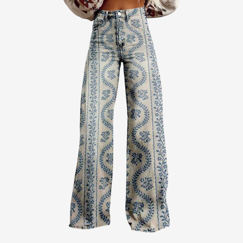 Women's Wide Leg Floral Denim Trousers