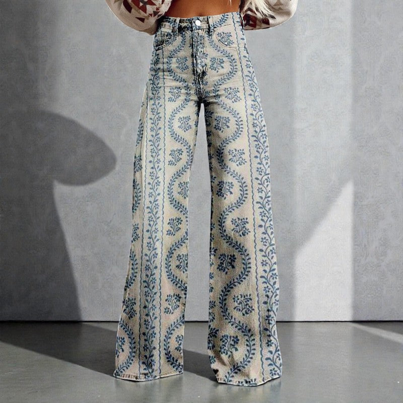 Women's Wide Leg Floral Denim Trousers