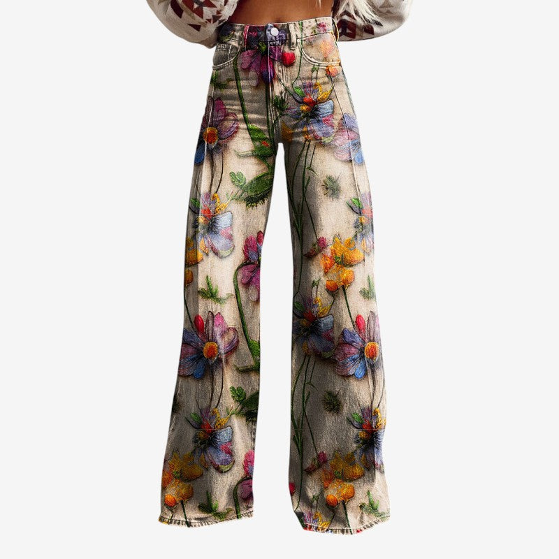 Women's Wide Leg Floral Denim Trousers