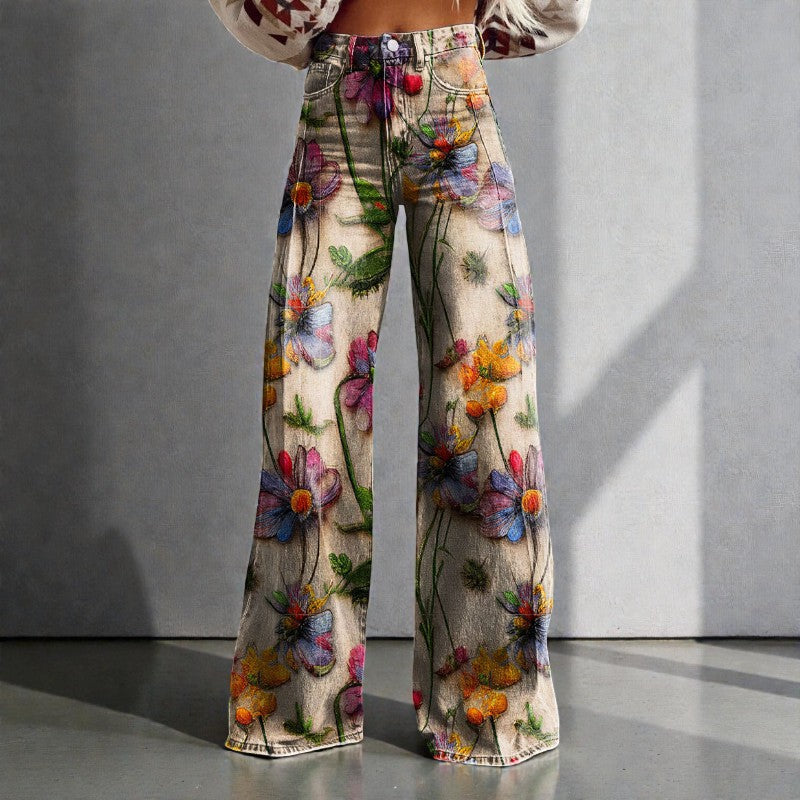Women's Wide Leg Floral Denim Trousers