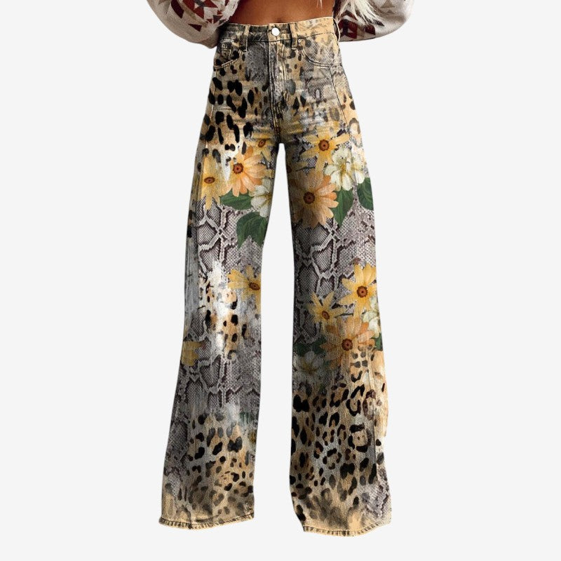 Women's Wide Leg Floral Denim Trousers