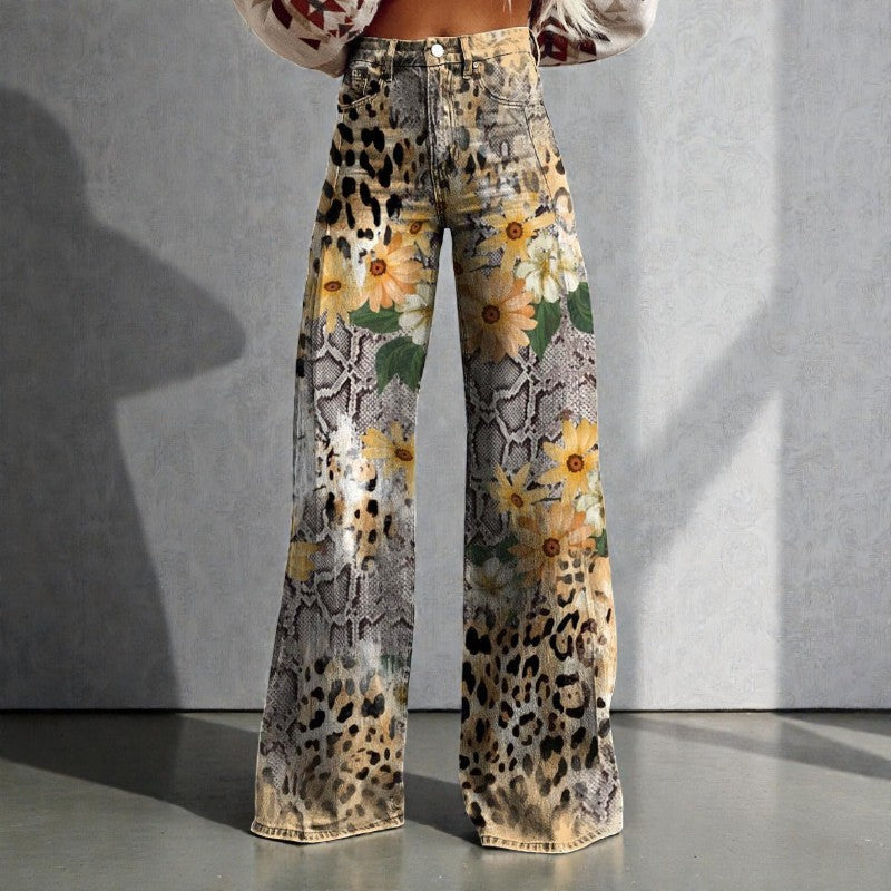Women's Wide Leg Floral Denim Trousers