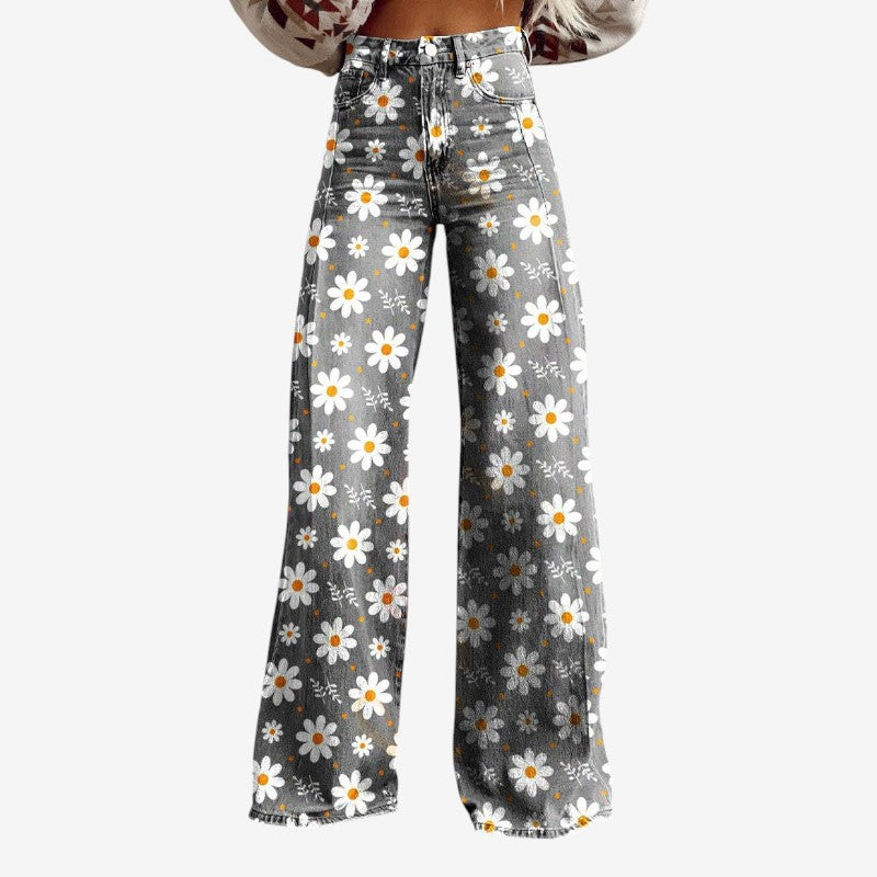 Women's Wide Leg Floral Denim Trousers
