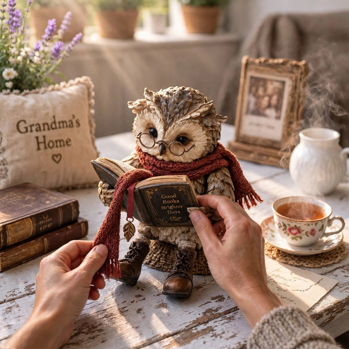 Owlfolio - Bagoly figura könyvvel lakásdekorációhoz