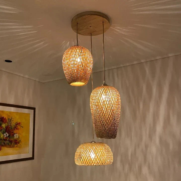 NaturalElegance - Three Handwoven Shades for Warm Boho Ambience | Natural Wooden Canopy with Soft Diffused Glow | Statement Lighting for Dining, Kitchen or Living Room