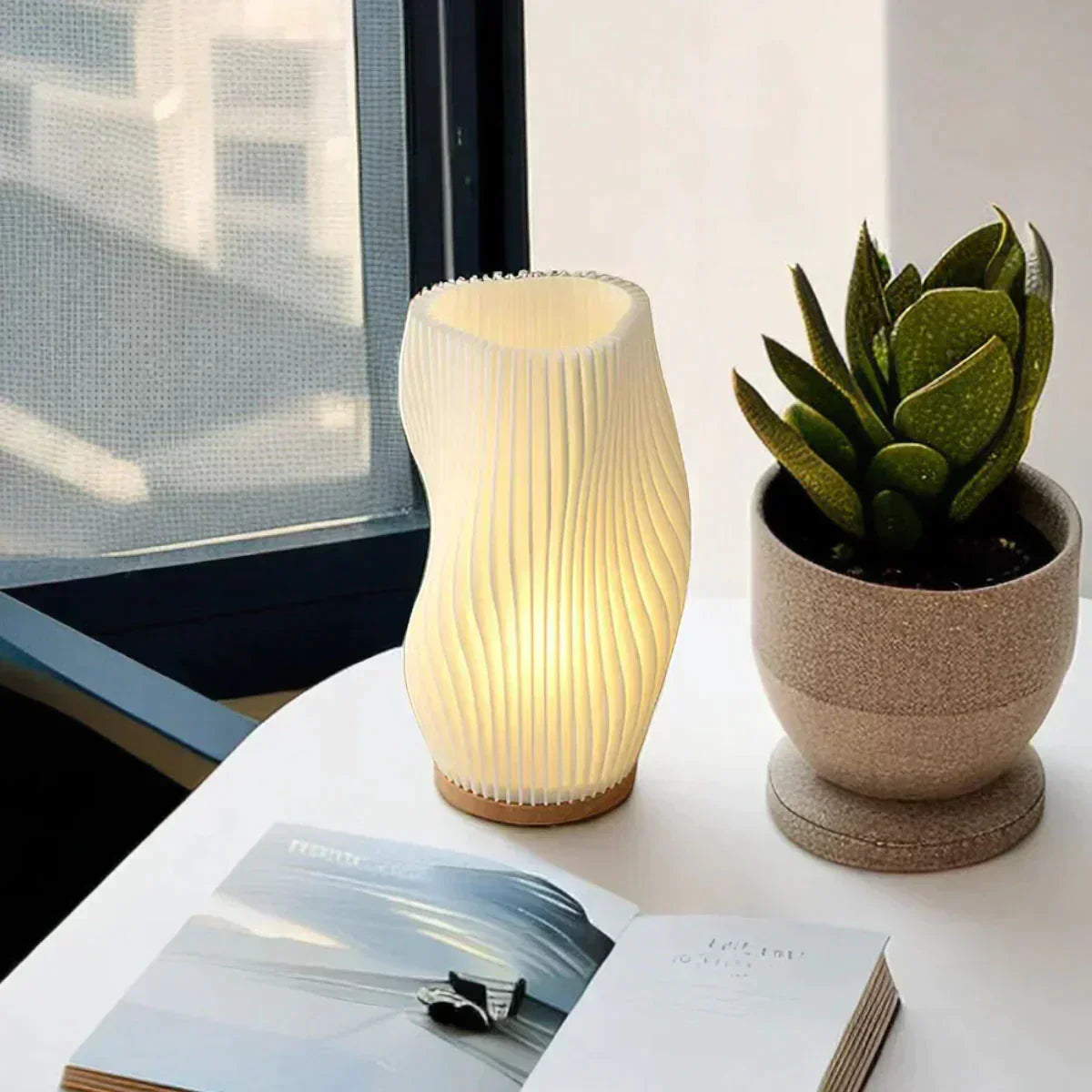 WaveLume - Pleated Table Lamp Sculptural Wavy Shade with Modern Statement Style | Soft Warm Ambient Glow with Lightweight Durable Build | Elegant Accent for Bedside, Desk or Shelves
