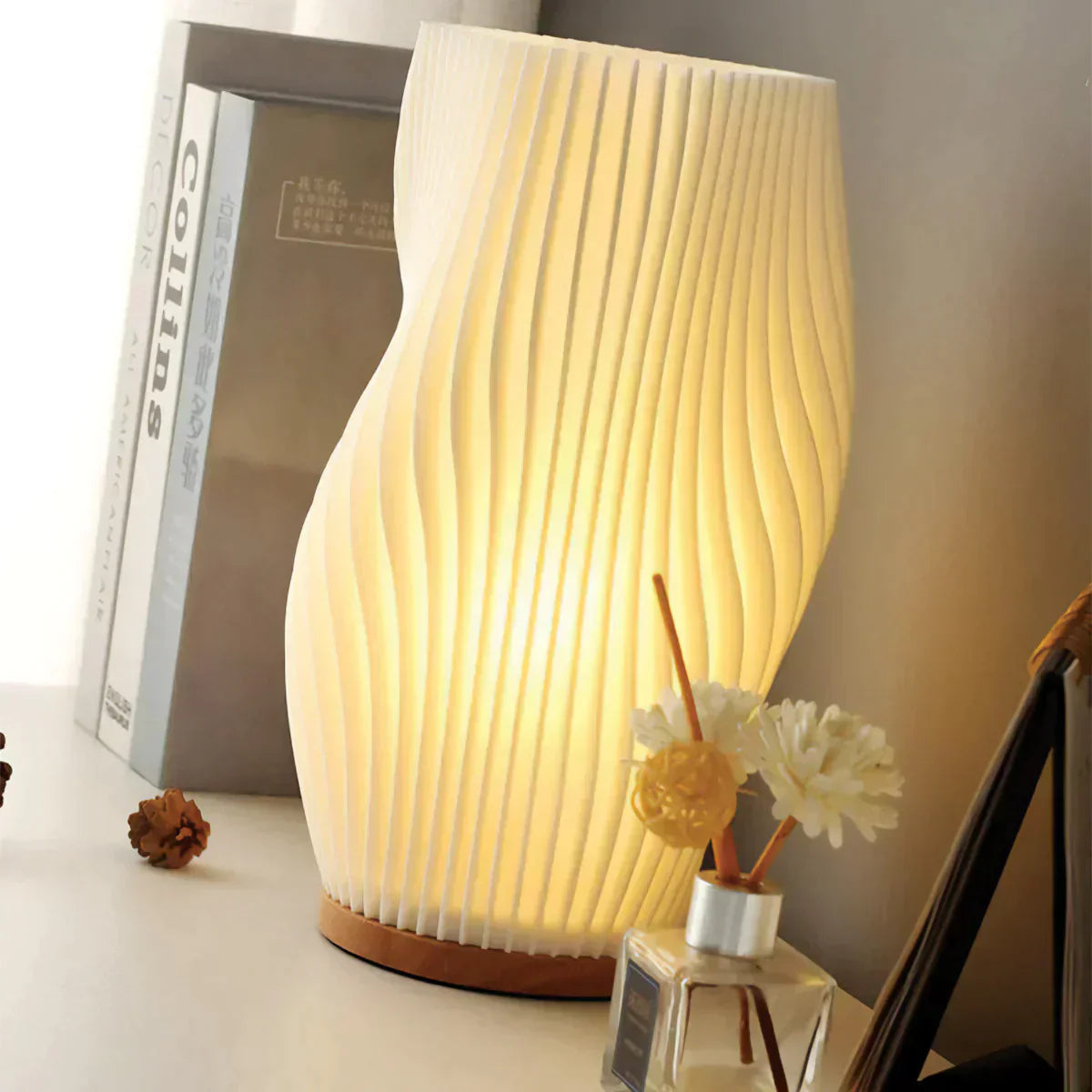 WaveLume - Pleated Table Lamp Sculptural Wavy Shade with Modern Statement Style | Soft Warm Ambient Glow with Lightweight Durable Build | Elegant Accent for Bedside, Desk or Shelves