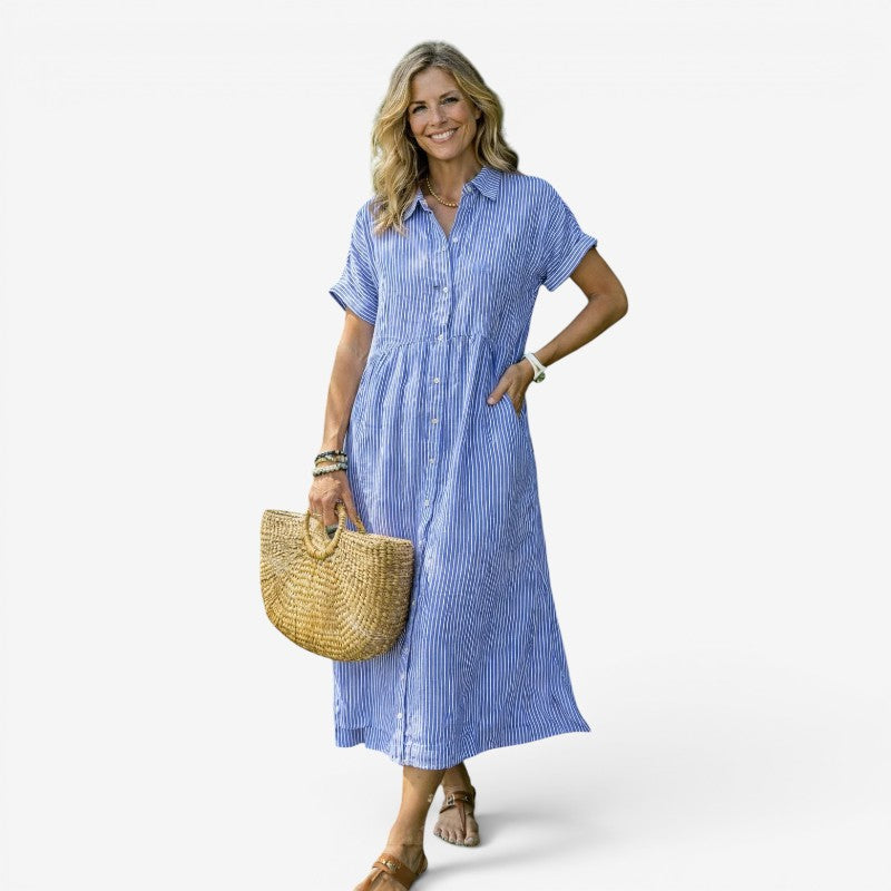 Women's Classic Striped Midi Shirt Dress with Button Front