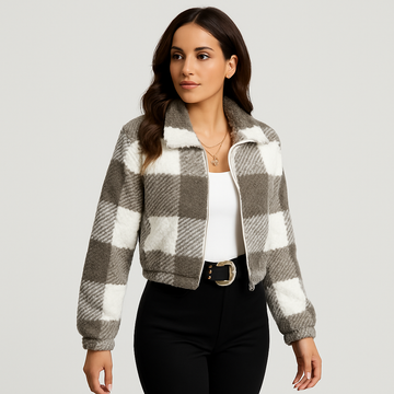 Sabine | Women's Checked Teddy Fleece Jacket with Zipper and Long Sleeve