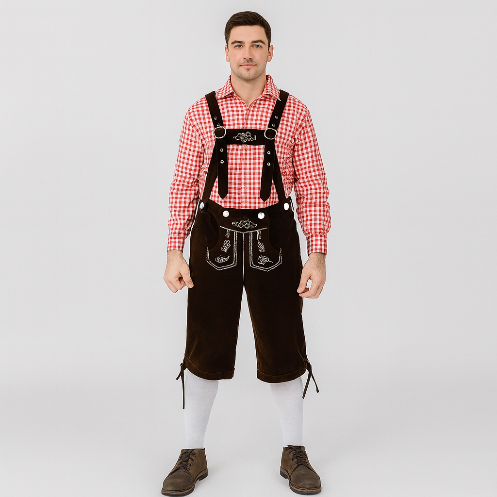 Men's Traditional Outfit – Knee Trousers with Embroidery & Checkered Shirt for Oktoberfest