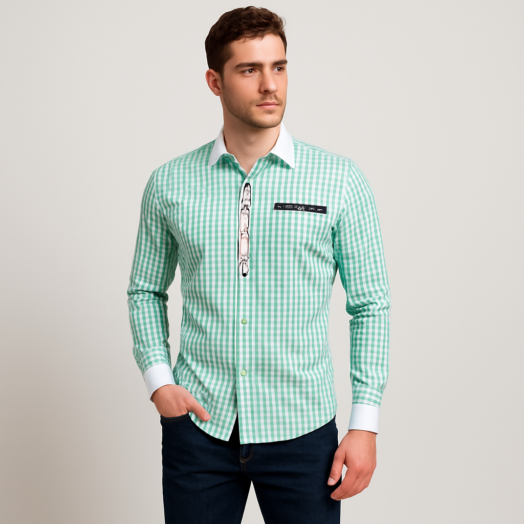 Men's Red and White Checkered Shirt with Contrast Collar & Button Placket for Oktoberfest