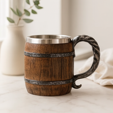 Handmade Wooden Barrel Beer Mug – Stainless Steel & Waterproof, Ideal for Oktoberfest