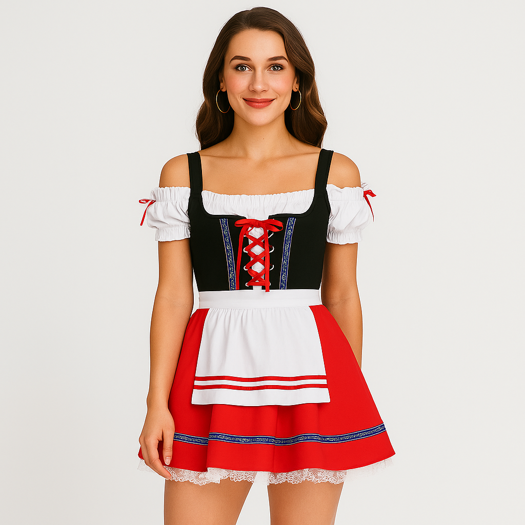 Oktoberfest Women's Dirndl – Elegant Black and Red Dress with Lace & Ruffles