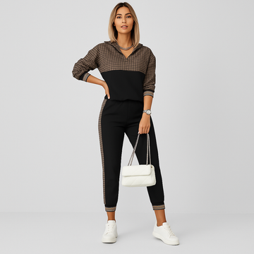 Elegant Two-piece Training set for women – Plaid jacket with zipper and slim pants with side stripe