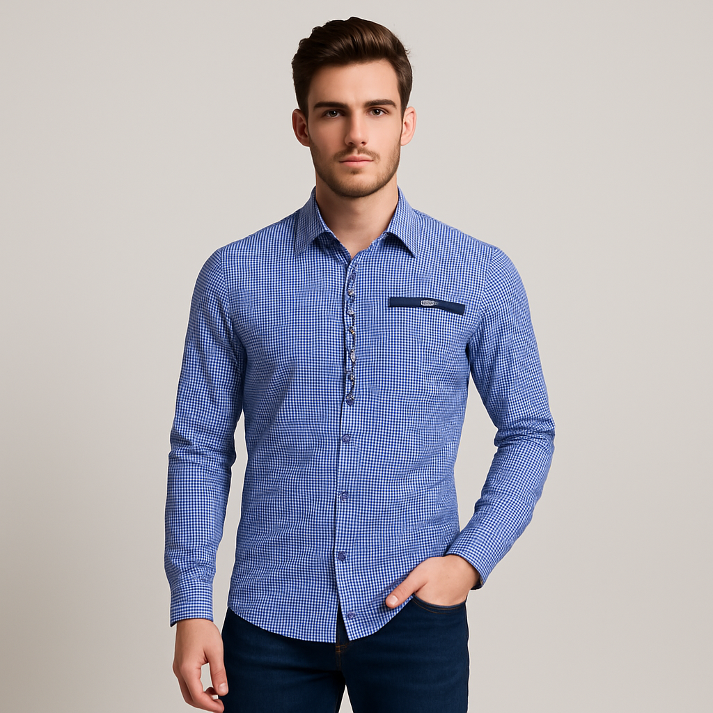 Men's Red and White Checkered Shirt with Contrast Collar & Button Placket for Oktoberfest