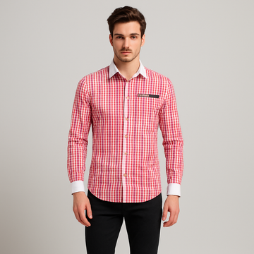 Men's Red and White Checkered Shirt with Contrast Collar & Button Placket for Oktoberfest