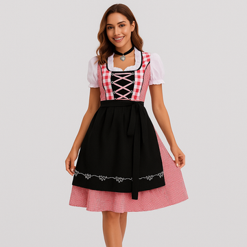Bavarian Dirndl Dress – Red Checked Pattern in Beer Girl Style for Oktoberfest