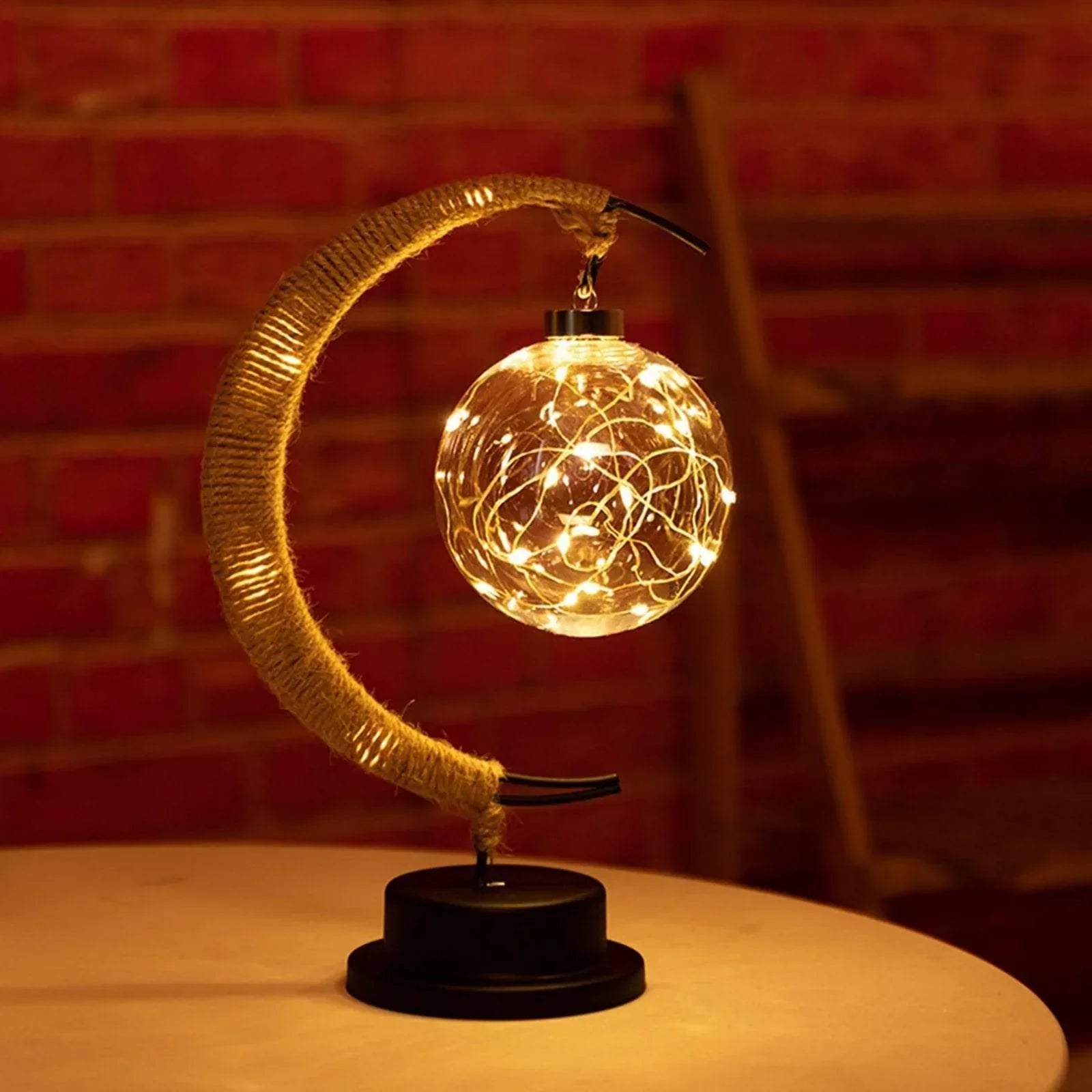 LunaGlow - Enchanting Crescent Moon Table Lamp with Twine Design