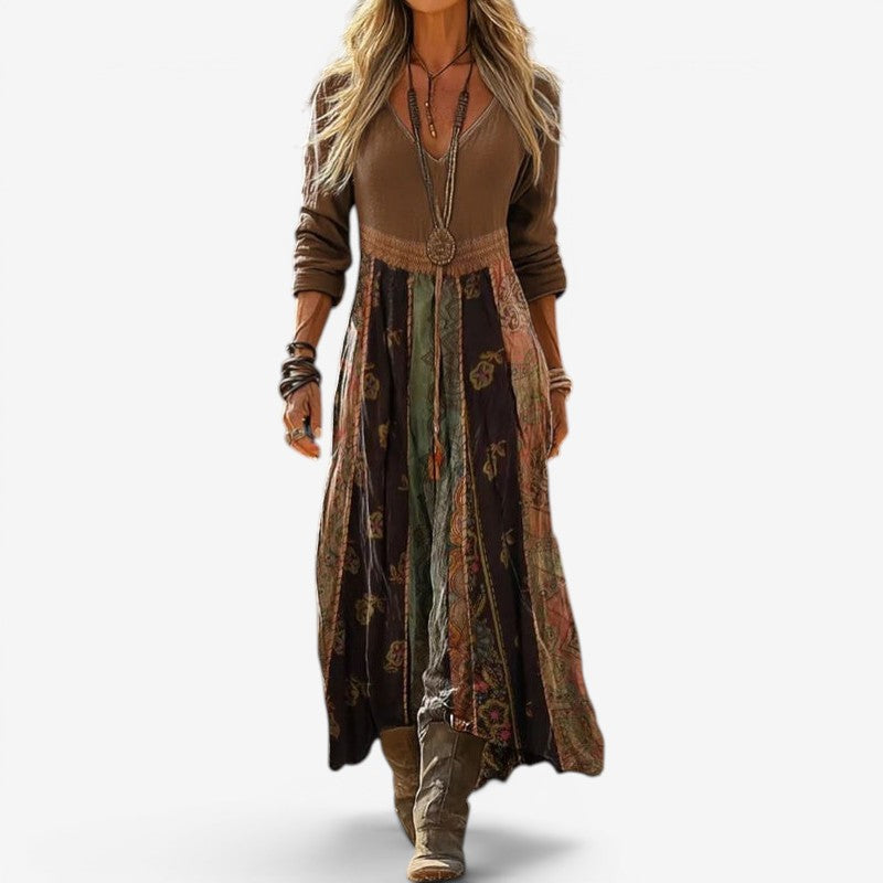 Women’s Long Sleeve V-Neck Patchwork Maxi Dress