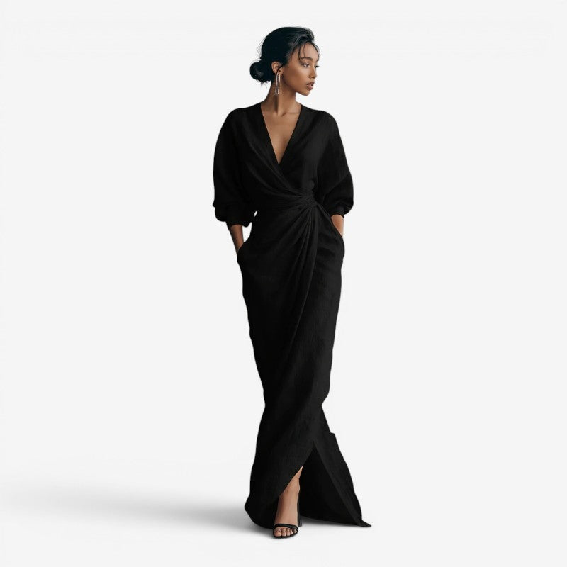 Women's Elegant V Neck Maxi Dress with Wrap Waist