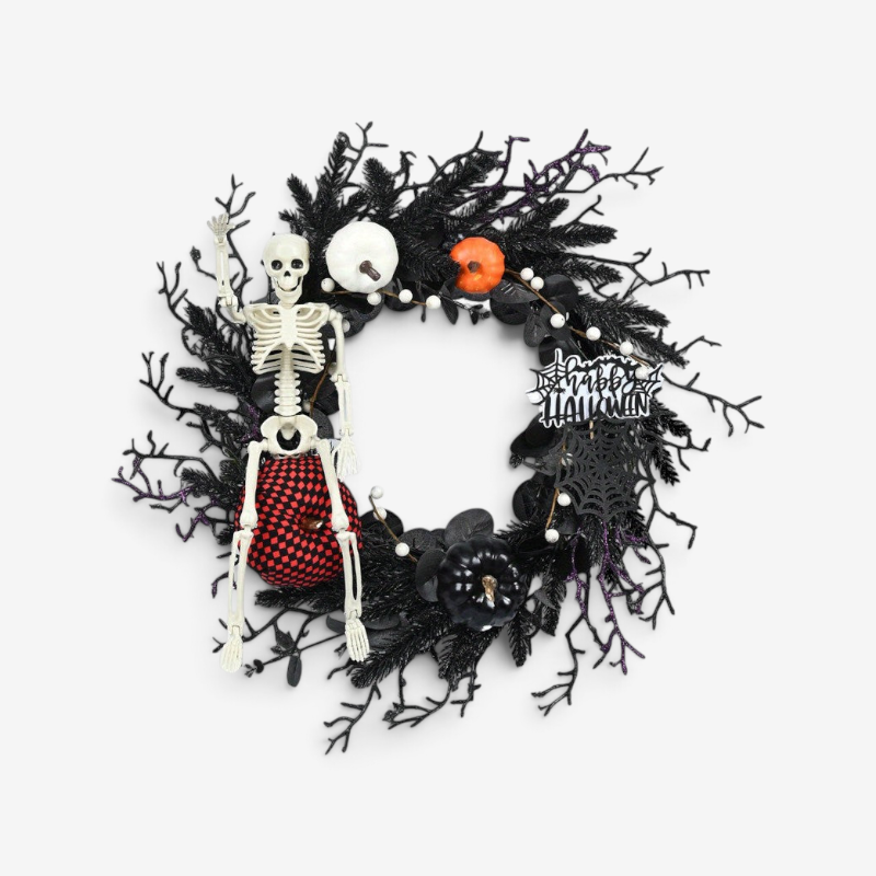 Spooky Skeleton and Pumpkin Wreath