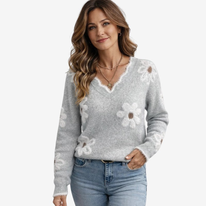 Women's Floral Embroidered V Neck Sweater