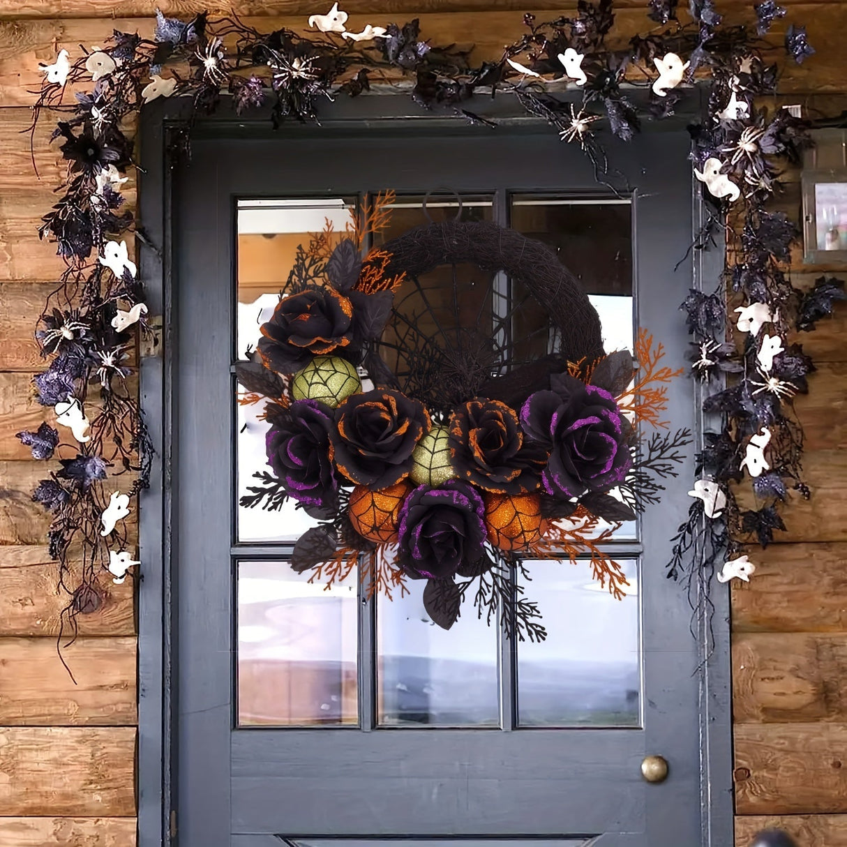 Halloween Wreath with Spiderweb and Roses