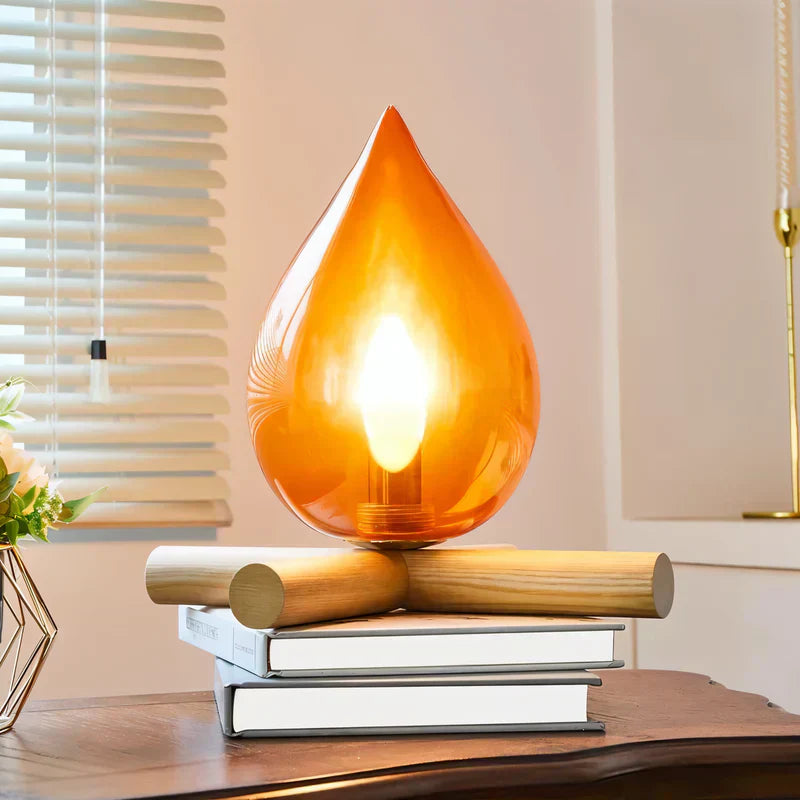 FlammeLys - Table Lamp Wooden Base with Realistic Flame Effect | Soft Warm Glow for Cozy Atmosphere | Elegant Accent for Living Room, Bedroom, or Terrace