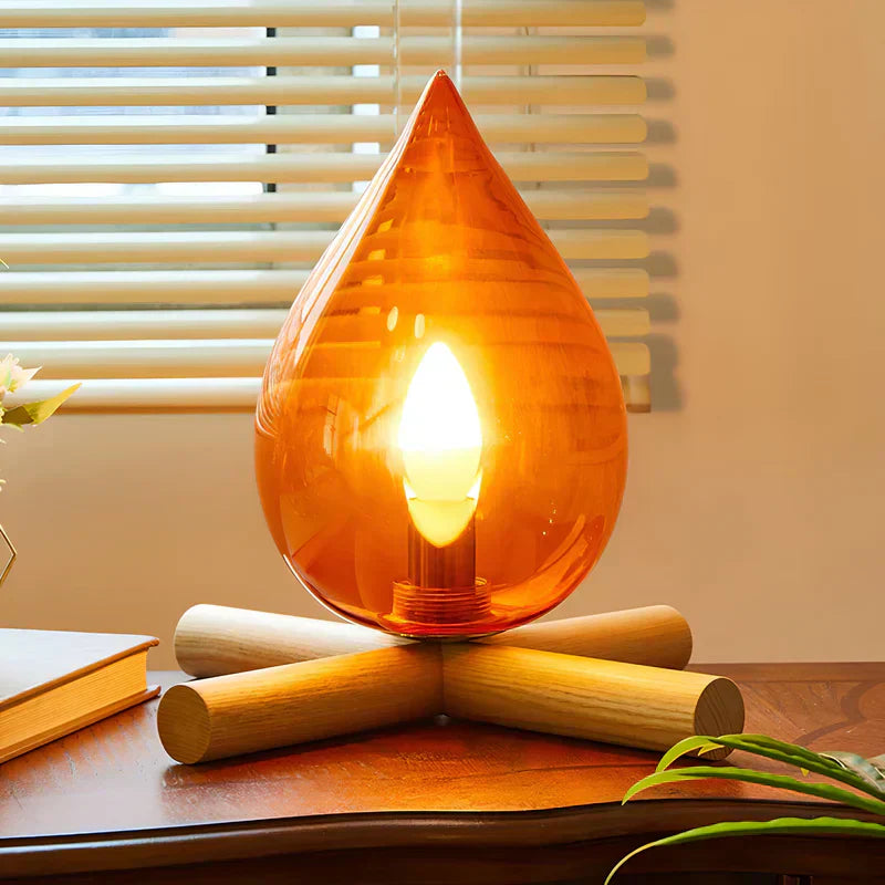 FlammeLys - Table Lamp Wooden Base with Realistic Flame Effect | Soft Warm Glow for Cozy Atmosphere | Elegant Accent for Living Room, Bedroom, or Terrace