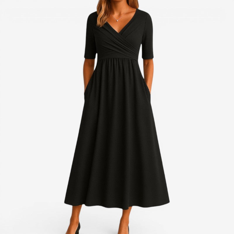 Women’s V-Neck Midi Dress with Side Pockets