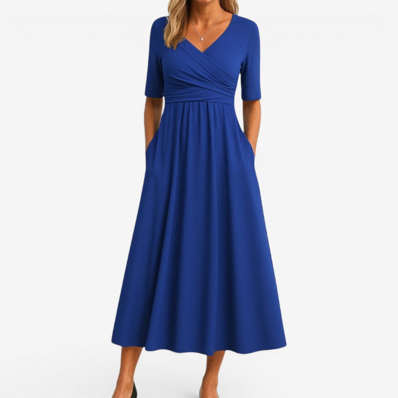 Women’s V-Neck Midi Dress with Side Pockets