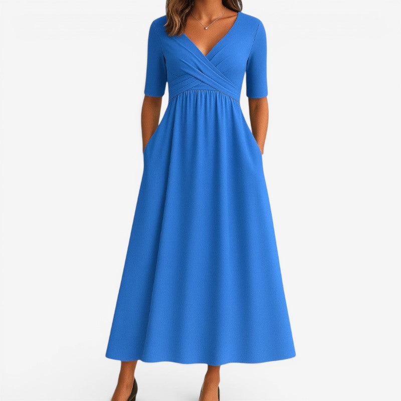 Women’s V-Neck Midi Dress with Side Pockets