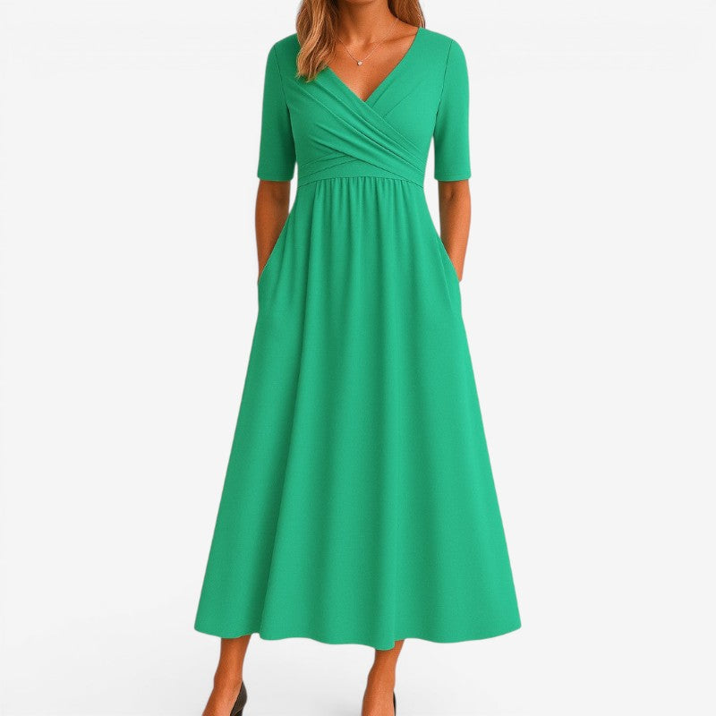 Women’s V-Neck Midi Dress with Side Pockets