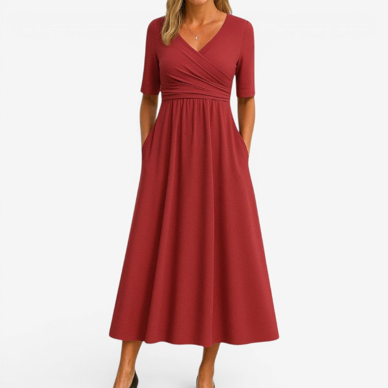 Women’s V-Neck Midi Dress with Side Pockets