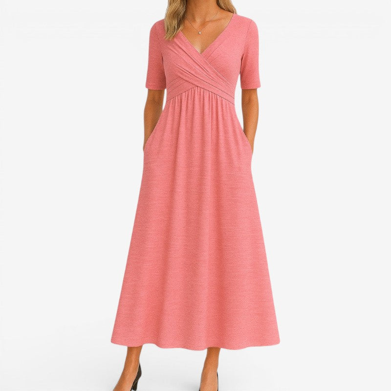 Women’s V-Neck Midi Dress with Side Pockets
