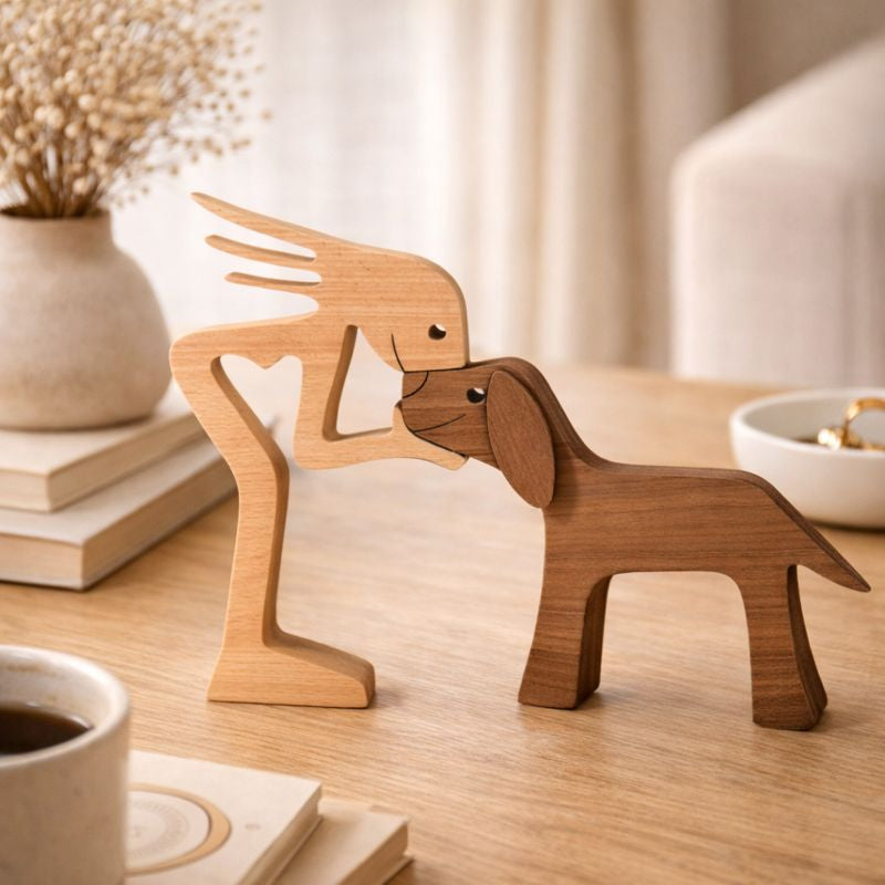 KindredTails | Symbolic Wooden Sculpture | Handcrafted Natural Wood | Minimalist Heartfelt Decor for Animal Lovers | Compact Timeless Gift Idea