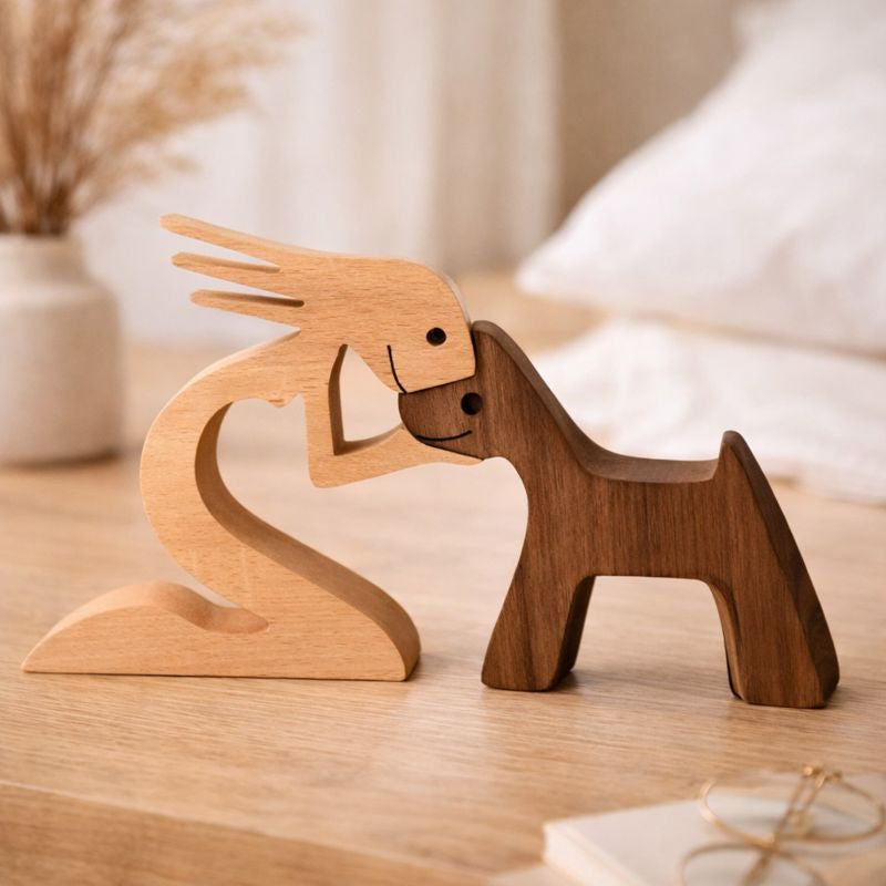 KindredTails | Symbolic Wooden Sculpture | Handcrafted Natural Wood | Minimalist Heartfelt Decor for Animal Lovers | Compact Timeless Gift Idea