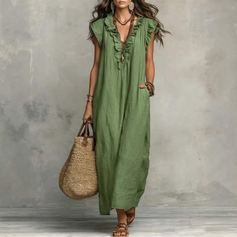 Women's Ruffle V-Neck Sleeveless Maxi Dress