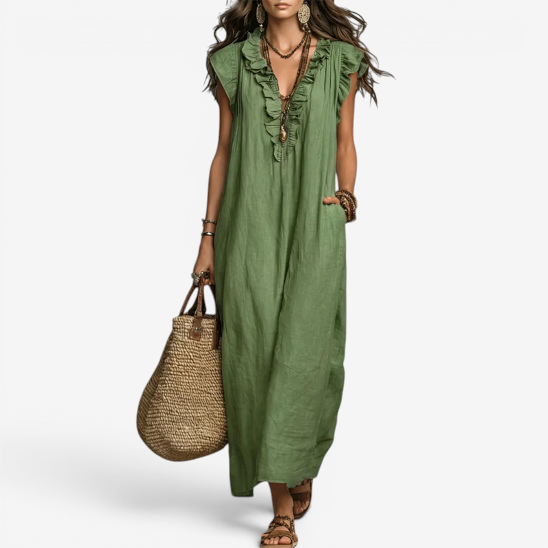 Women's Ruffle V-Neck Sleeveless Maxi Dress