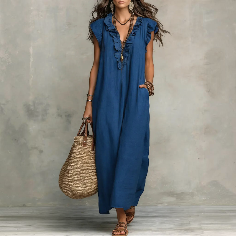 Women's Ruffle V-Neck Sleeveless Maxi Dress