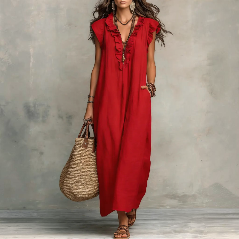 Women's Ruffle V-Neck Sleeveless Maxi Dress