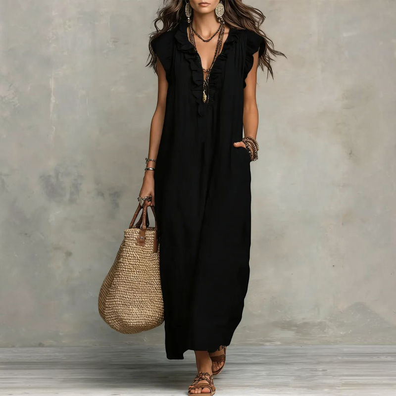 Women's Ruffle V-Neck Sleeveless Maxi Dress