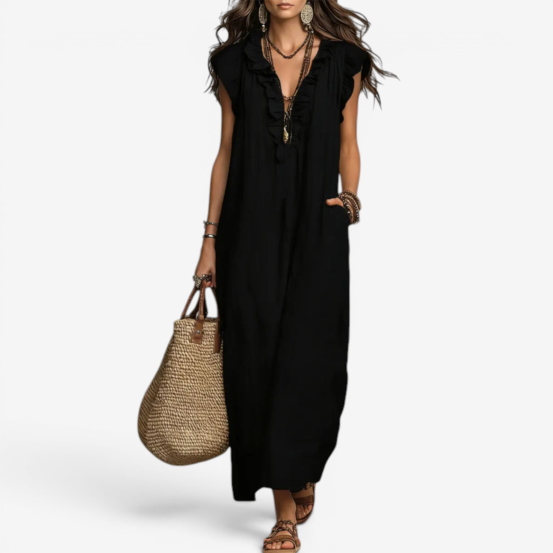 Women's Ruffle V-Neck Sleeveless Maxi Dress