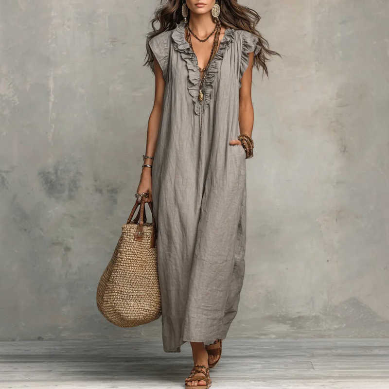 Women's Ruffle V-Neck Sleeveless Maxi Dress