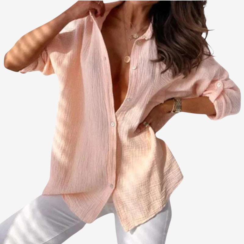 Women's Long Sleeve Button Blouse with Turn Down Collar