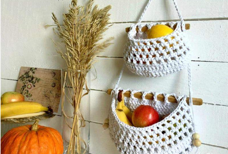 Handwoven Macrame Hanging Fruit Basket Stylish Bohemian Design with Space-Saving Hanging Storage | Durable Eco-Friendly Cotton Rope for Fruits, Vegetables, or Decorative Items | Elegant Kitchen or Home Accent